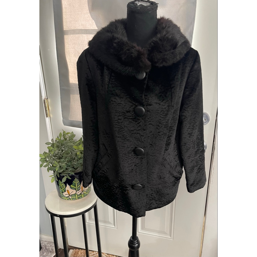 50s Faux Persian Lamb Velvet Coat Fur Shawl Collar Black Swing Cocktail Jacket M